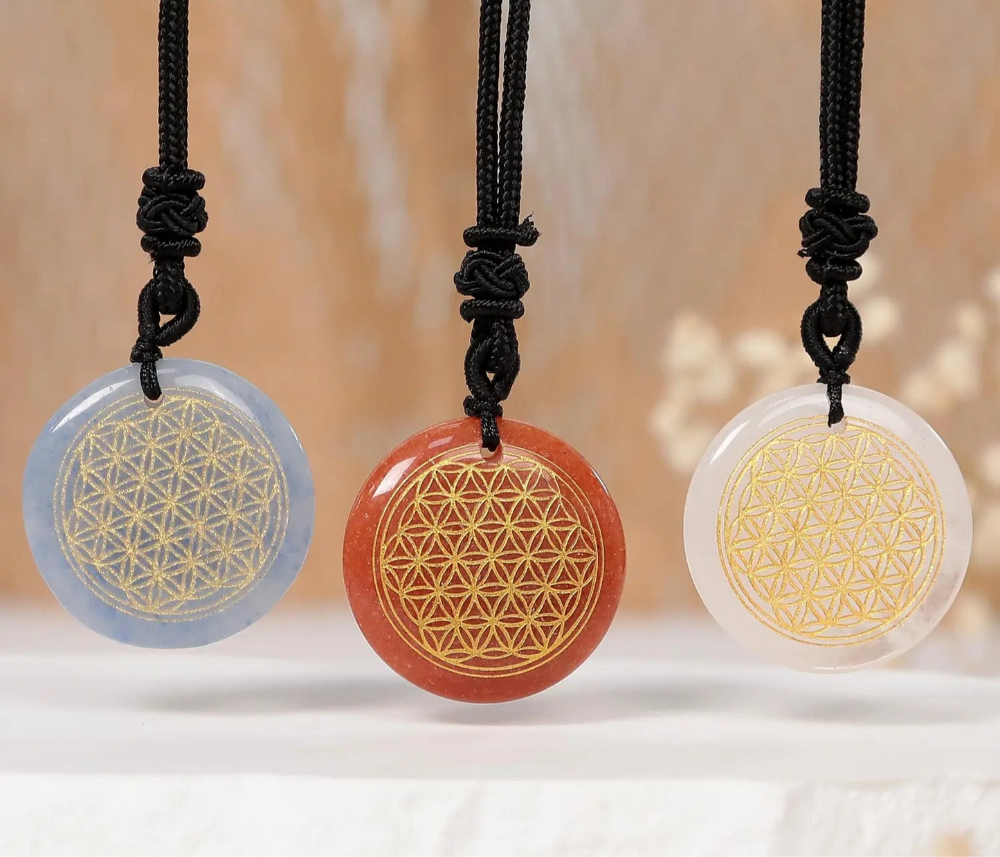Natural Gemstone Necklace - Flower of Life Design (Choose your stone)