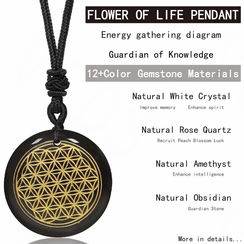 Natural Gemstone Necklace - Flower of Life Design (Choose your stone)